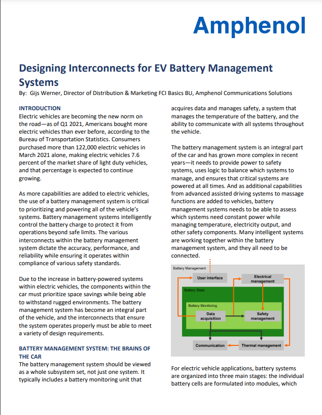 Amphenol Designing Interconnects For Ev Battery Management Systems Tti Inc